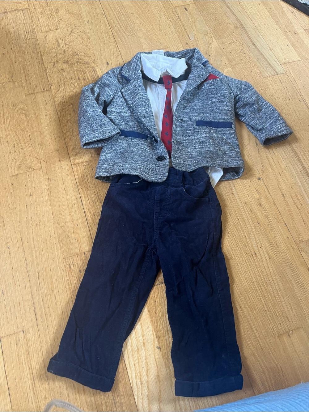 Boys Grey Knit Blazer Set with Red Tie and Navy Pants